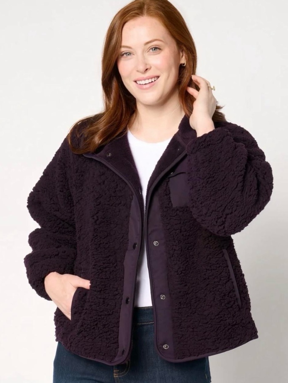 Weatherproof Snap Front Bonded Sherpa Fleece Jacket in Plum